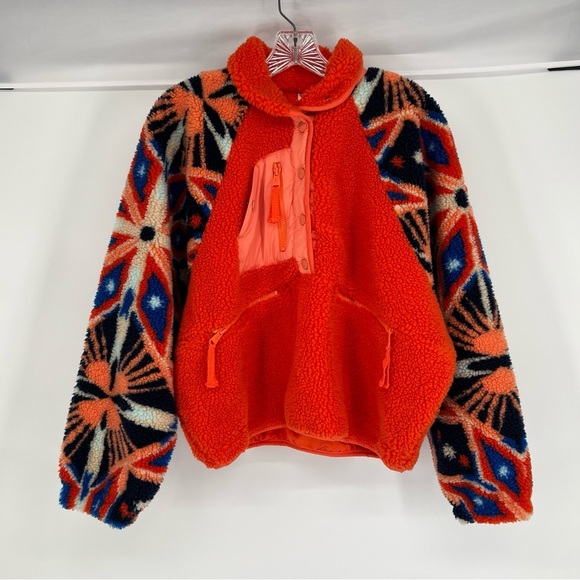 Free People Jackets & Blazers - Free People Geometric Orange Hit The Slopes Pullover Quarter Snap Sherpa XS